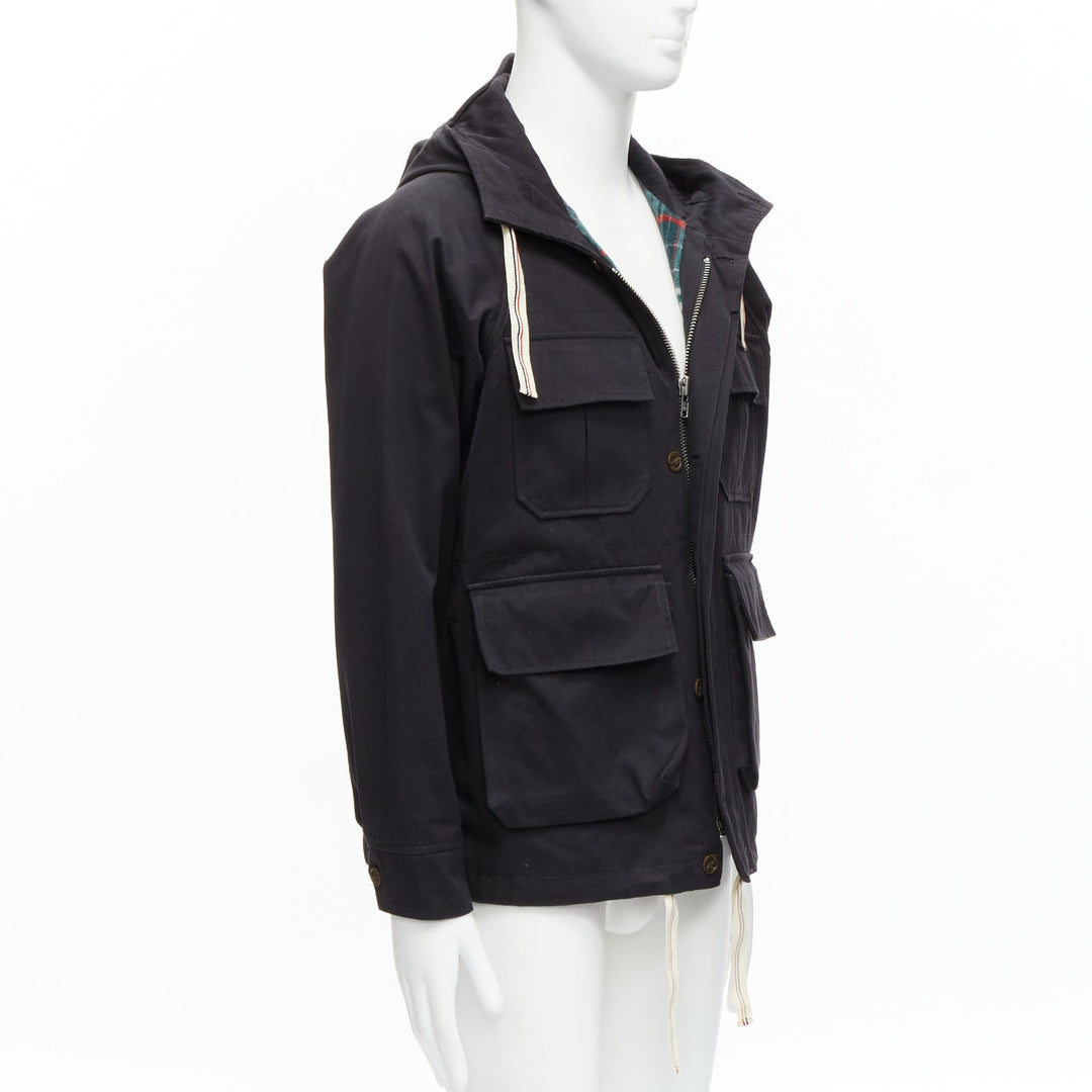 MAISON KITSUNE black wool blend stripes web drawstring 4 pockets parka jacket S