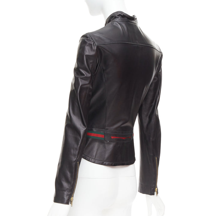 GUCCI Vintage black leather green red web moto biker jacket IT38 XS