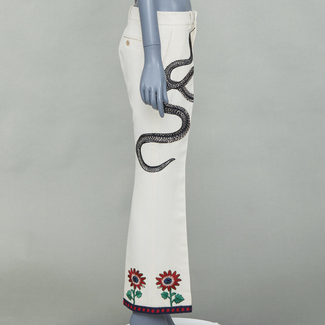 GUCCI 2015 Runway beige snake floral embroidered silk cotton trousers IT40 S