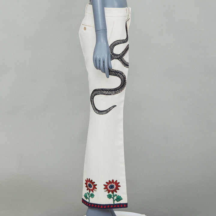 GUCCI 2015 Runway beige snake floral embroidered silk cotton trousers IT40 S