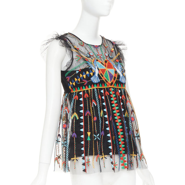 RED VALENTINO Love Celebration black bird heart embroidered ruffle top IT42 M
