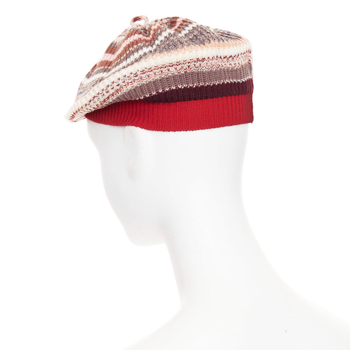 MISSONI red pink multicolor striped wool blend knitted beret hat
