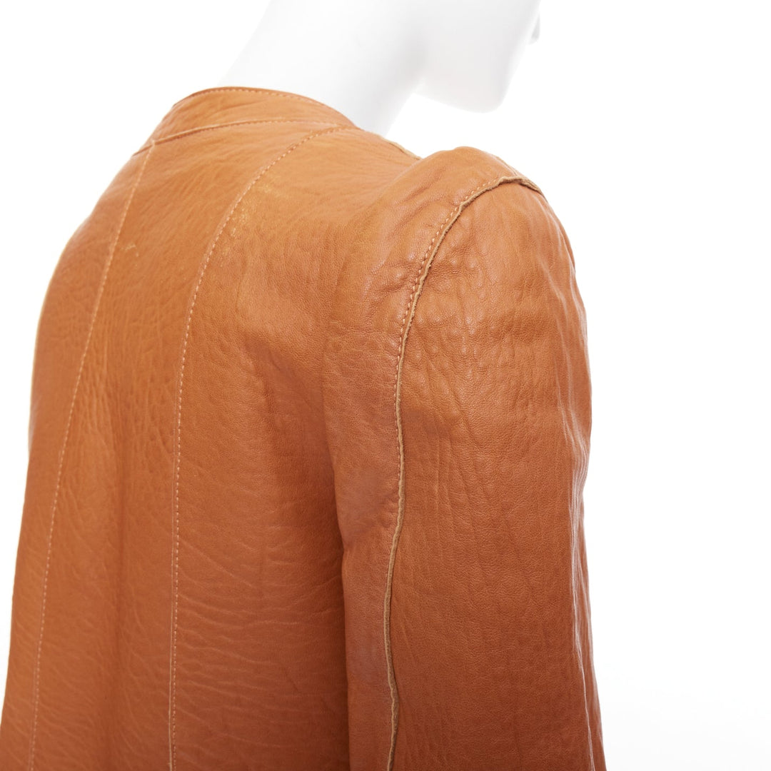 CARVEN 2011 tan brown pebble textured leather square neck crop jacket FR38 M