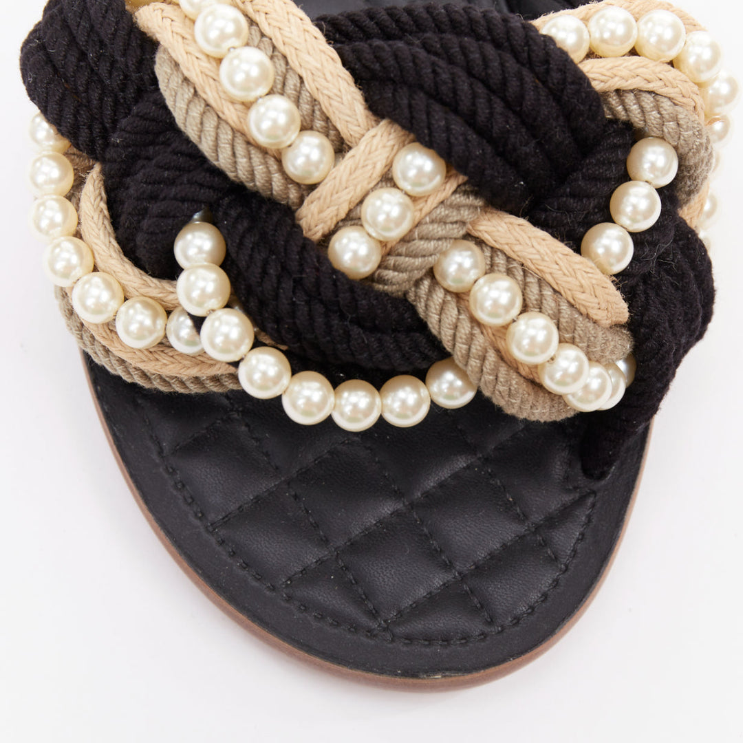 CHANEL 2017 Cuba black cream rope pearl twist slipper sandals EU38