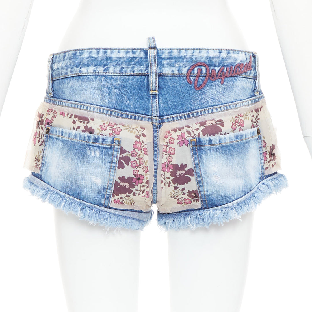 DSQUARED2 pink floral patch blue denim logo cut off mini shorts IT38 XS