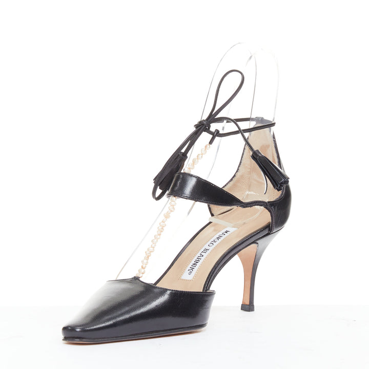 MANOLO BLAHNIK black calf leather nude pearl embellished tstrap heels EU36.5