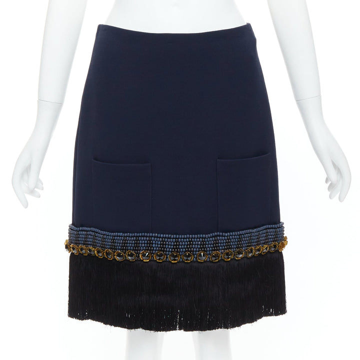 MARNI navy bead black crystal fringe embellished hem knee skirt IT38 XS