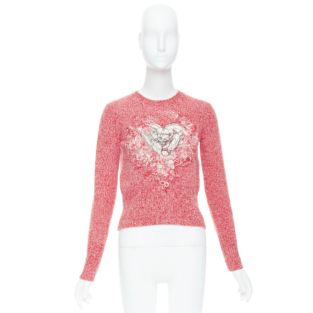 DIOR 2021 Dioramour red cream wool cashmere heart sweater FR36 S