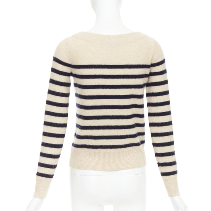 VINCE 100% cashmere Breton nautical striped long sleeve boat neck sweater XXS