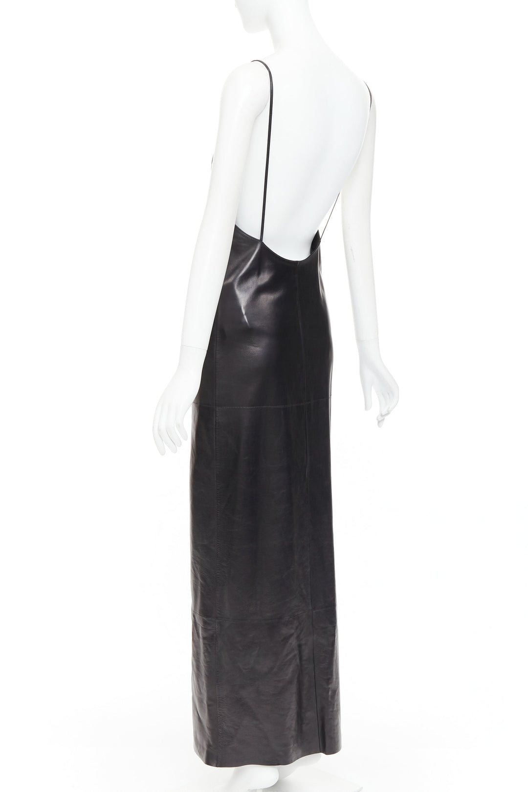 SAINT LAURENT 2024 black lambskin plunge low cut back slit slip gown FR34 XS