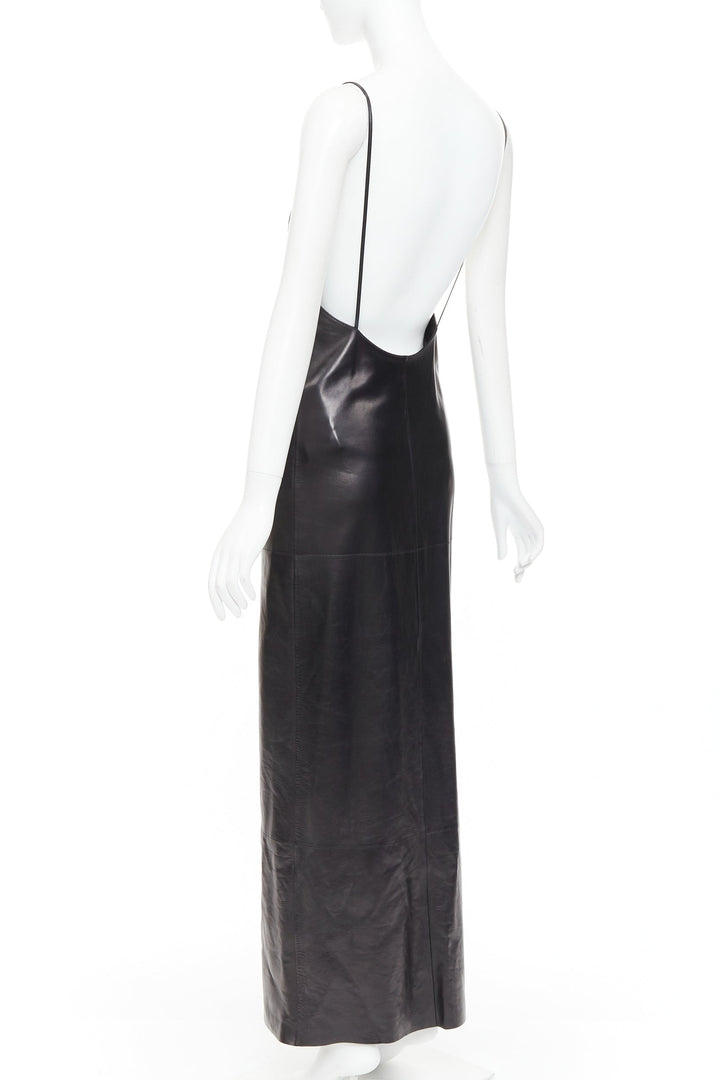 SAINT LAURENT 2024 black lambskin plunge low cut back slit slip gown FR34 XS
