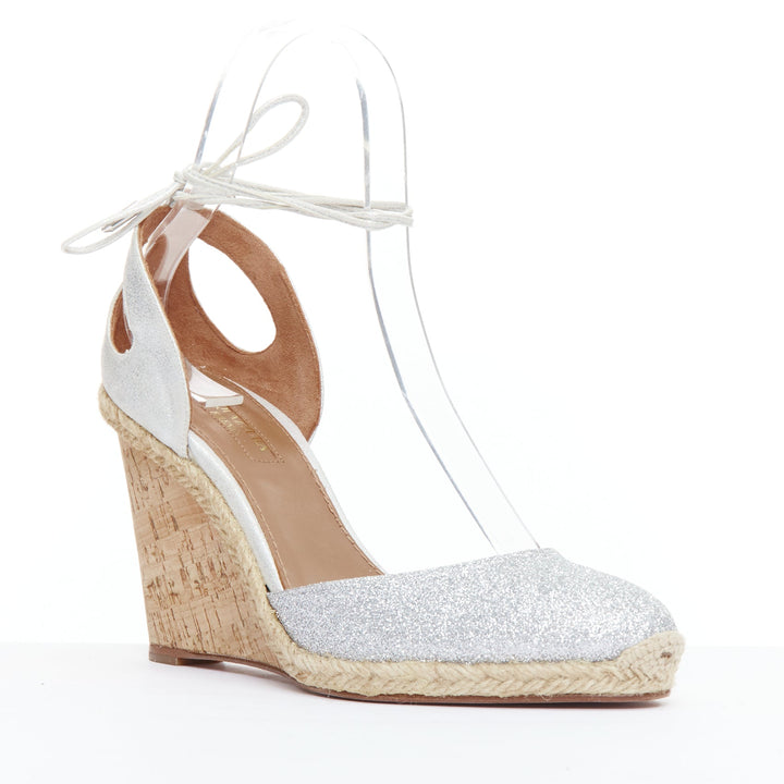 AQUAZZURA Palm Beach metallic glitter cork wedge sandals EU39