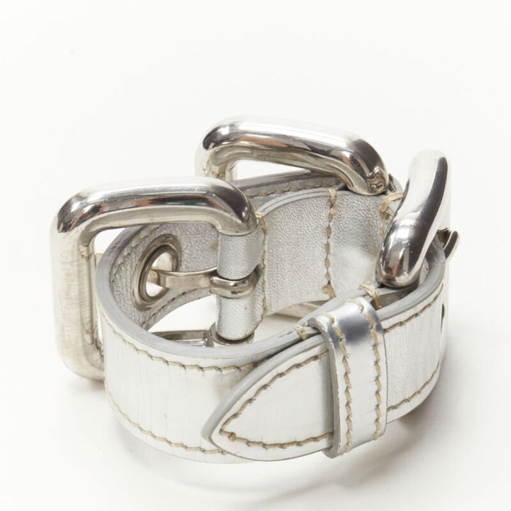 Female mannequin wearing Miu Miu by Miuccia Prada Silver Leather Women Jewelry Bracelet in Size  | Available at JHROP