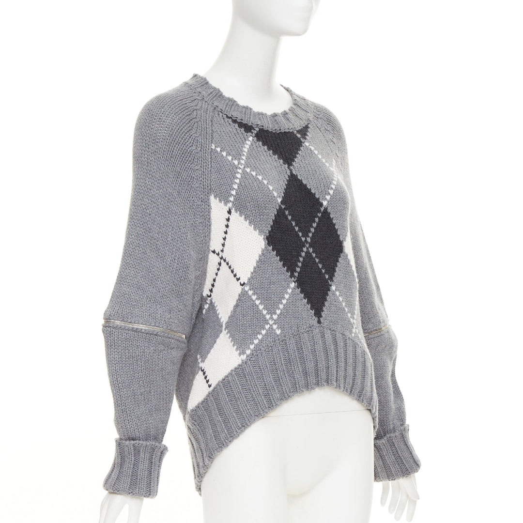 ALEXANDER MCQUEEN 2017 grey wool argyle intarsia zipper trim high low sweater S