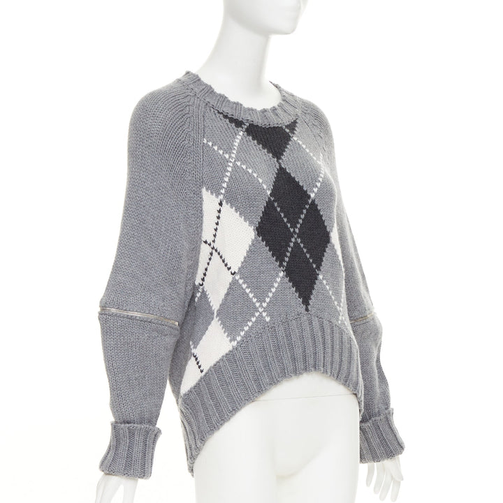 ALEXANDER MCQUEEN 2017 grey wool argyle intarsia zipper trim high low sweater S