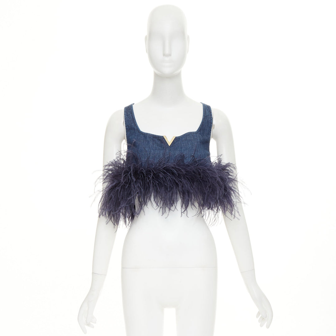 VALENTINO 2023 VGold blue denim purple turkey feather trimmed crop top IT38 XS