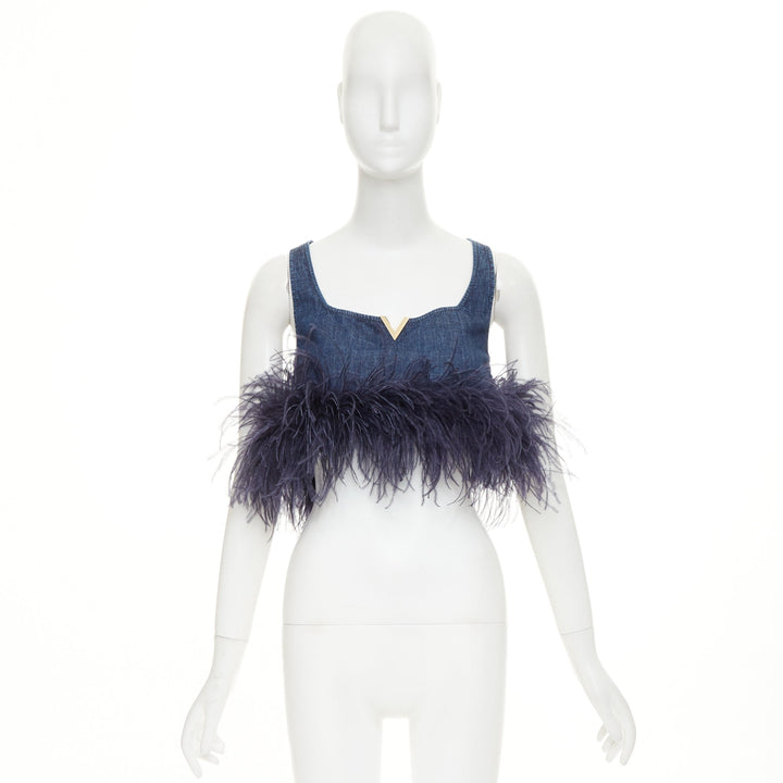 VALENTINO 2023 VGold blue denim purple turkey feather trimmed crop top IT38 XS
