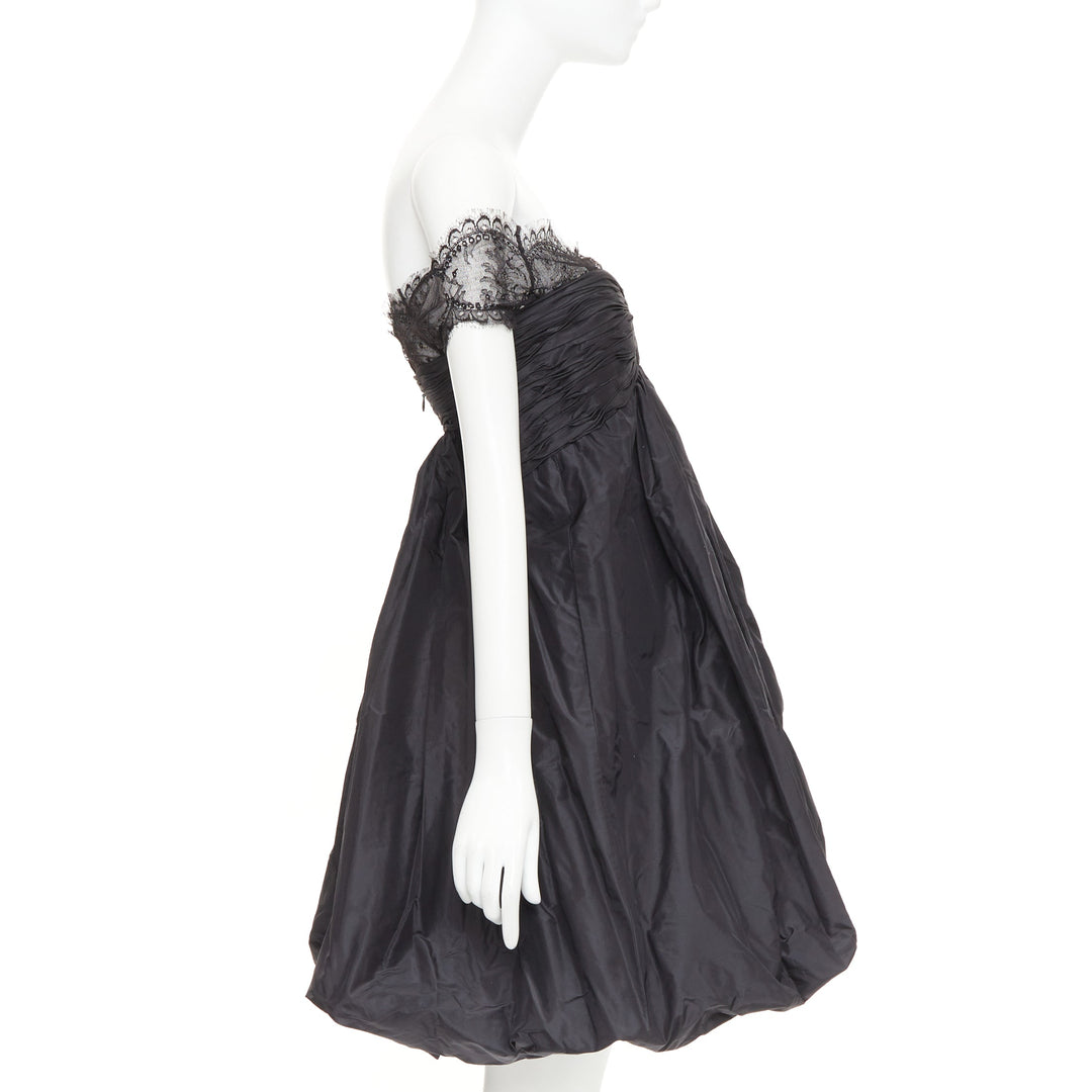 OSCAR DE LA RENTA Vintage black lace trim ruched bow cocktail bubble dress US2 S
