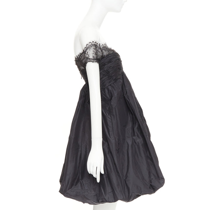 OSCAR DE LA RENTA Vintage black lace trim ruched bow cocktail bubble dress US2 S
