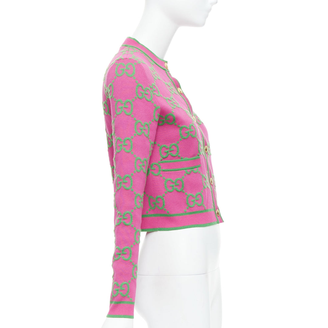 GUCCI 2023 pink green silk blend GG Jacquard crop cardigan XS