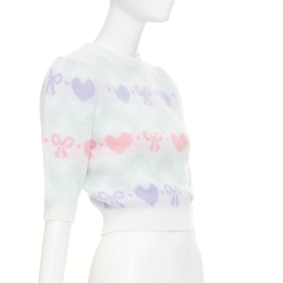 ALESSANDRA RICH Pastel hearts bows jacquard metallic mohair blend top IT38 XS