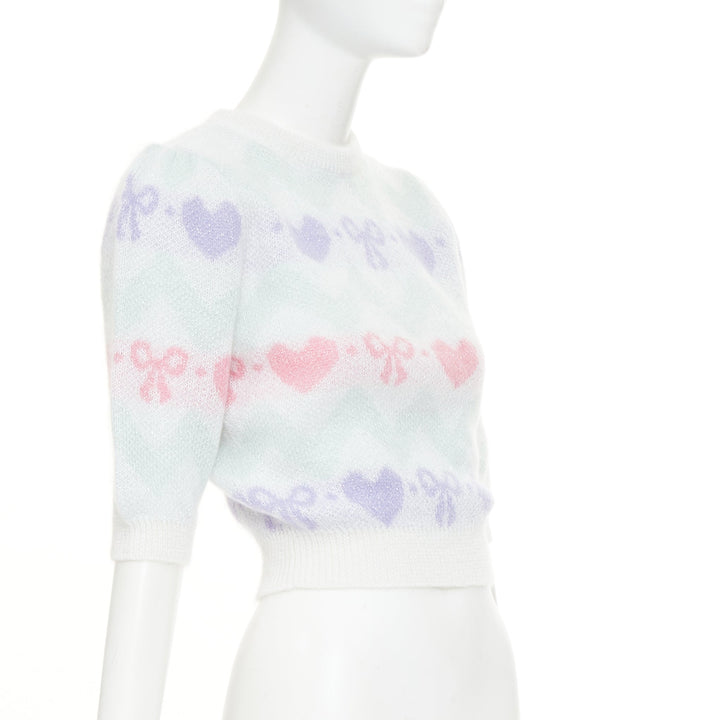 ALESSANDRA RICH Pastel hearts bows jacquard metallic mohair blend top IT38 XS
