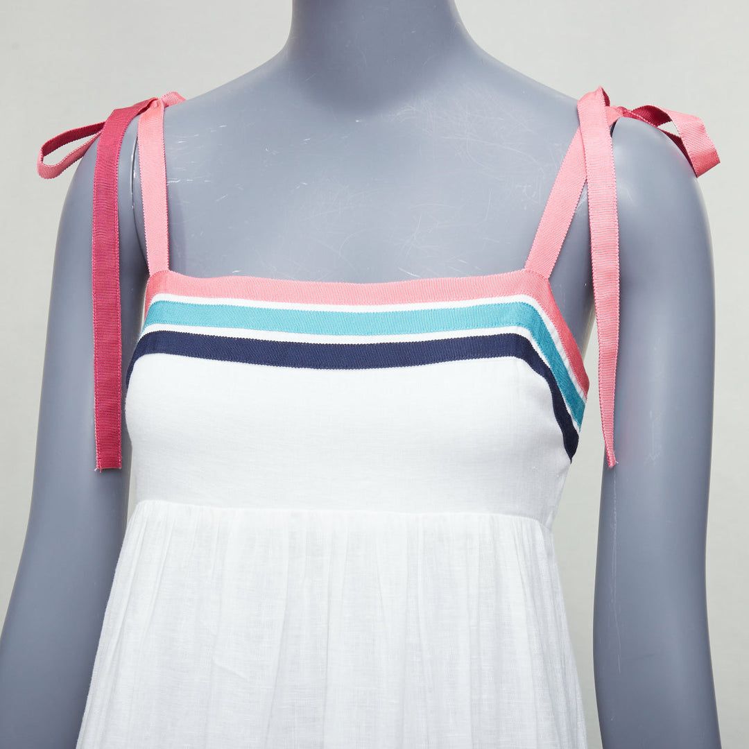 ZIMMERMANN Lulu white pink multicolor stripe trim shirred midi dress Sz1 S