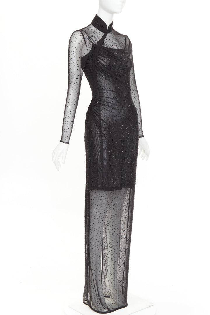 SAU LEE Kai black sheer mesh crystal cheongsam maxi gown US2 S