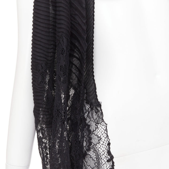 VALENTINO black cashmere bend pleated delicate floral lace trim long scarf