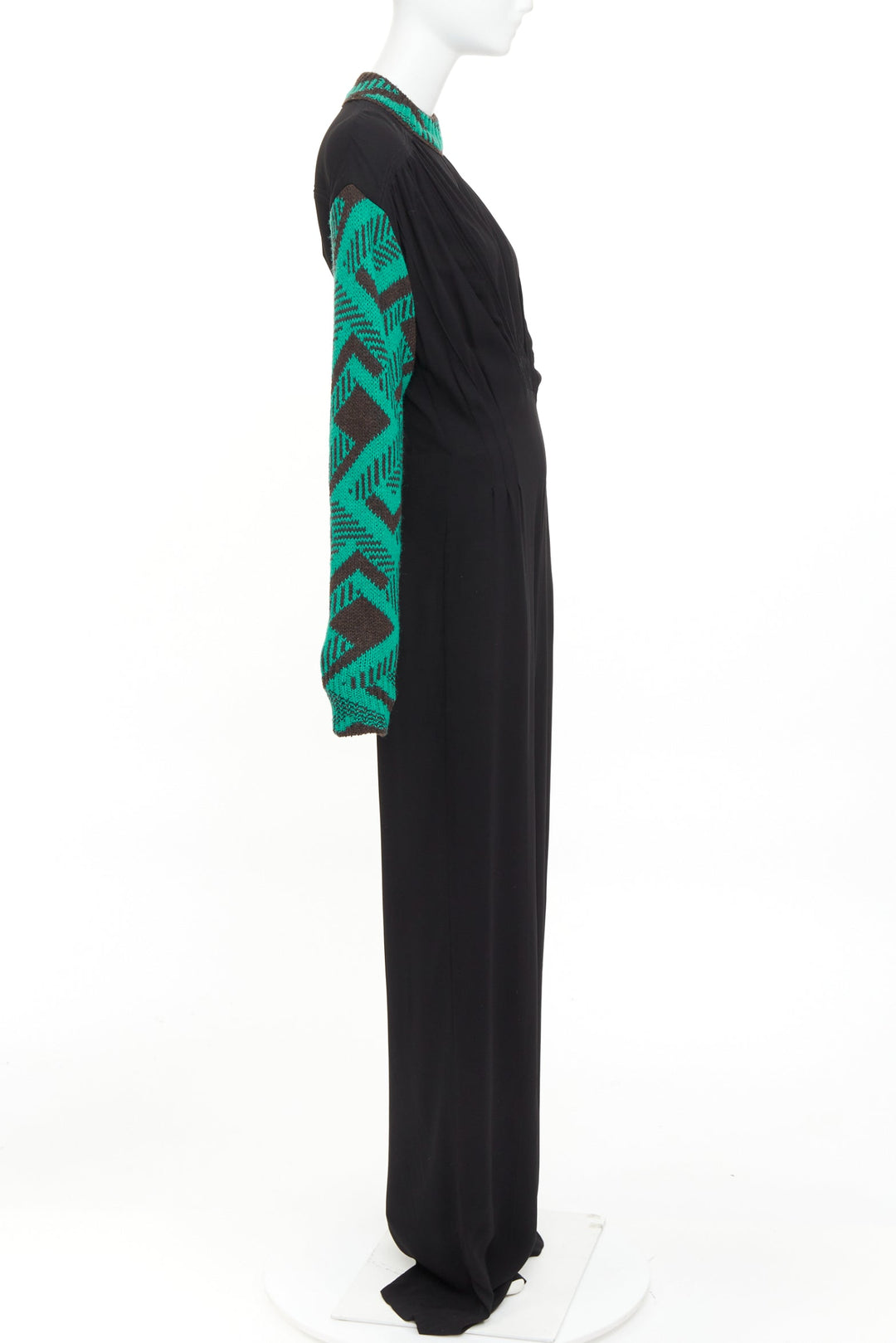 PRADA 2021 Runway black sable green jacquard wool knit pleated jumpsuit IT38 XS