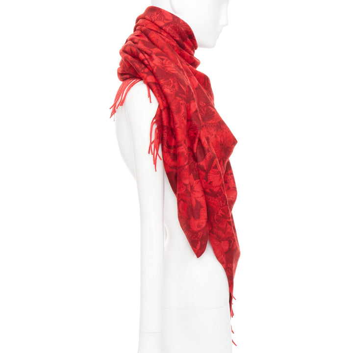 VALENTINO Camubutterfly 100% cashmere red butterfly floral print fringed scarf