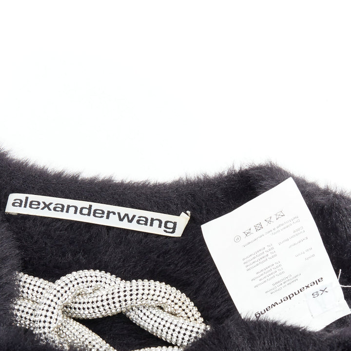 ALEXANDER WANG Crystal Knot black fuzzy V0-neck cropped sweater XS