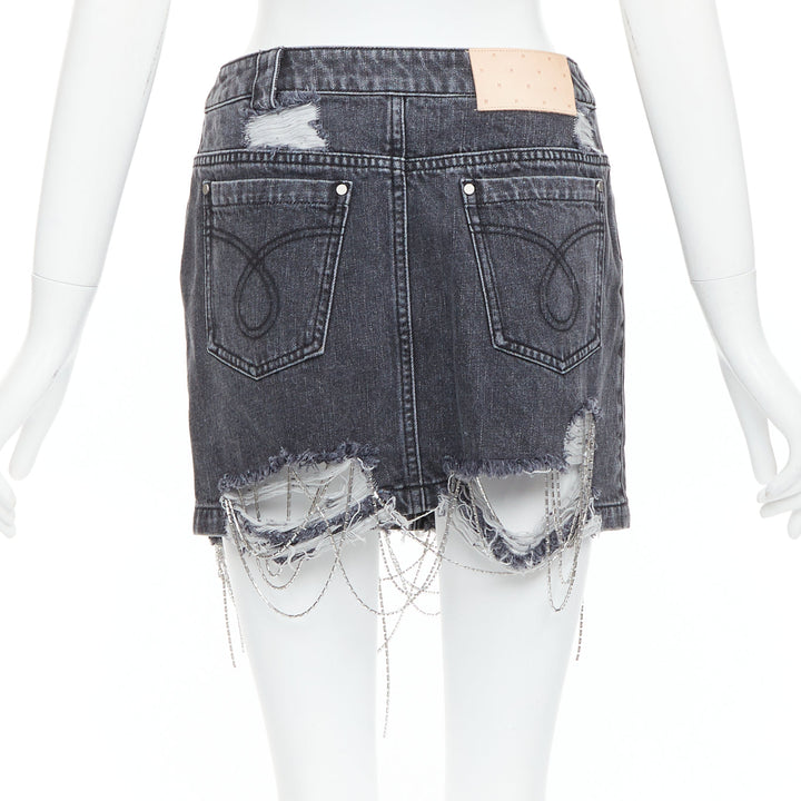 MARK GONG grey denim distressed beaded fringe mini skirt IT36 XXS