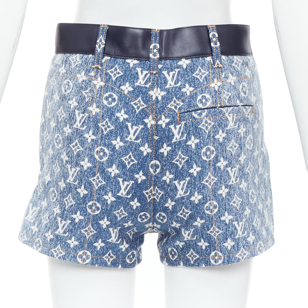 LOUIS VUITTON blue monogram jacquard denim  leather trim zip shorts FR34 XS