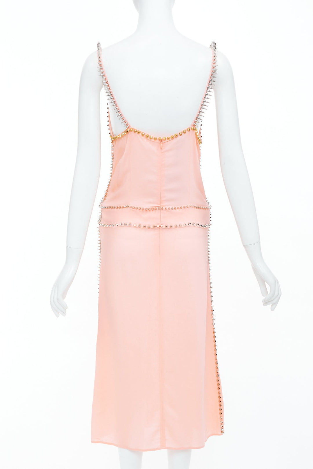 rare MIU MIU 2021 pink punk spike studded embellished plunge neck dress IT36 XXS