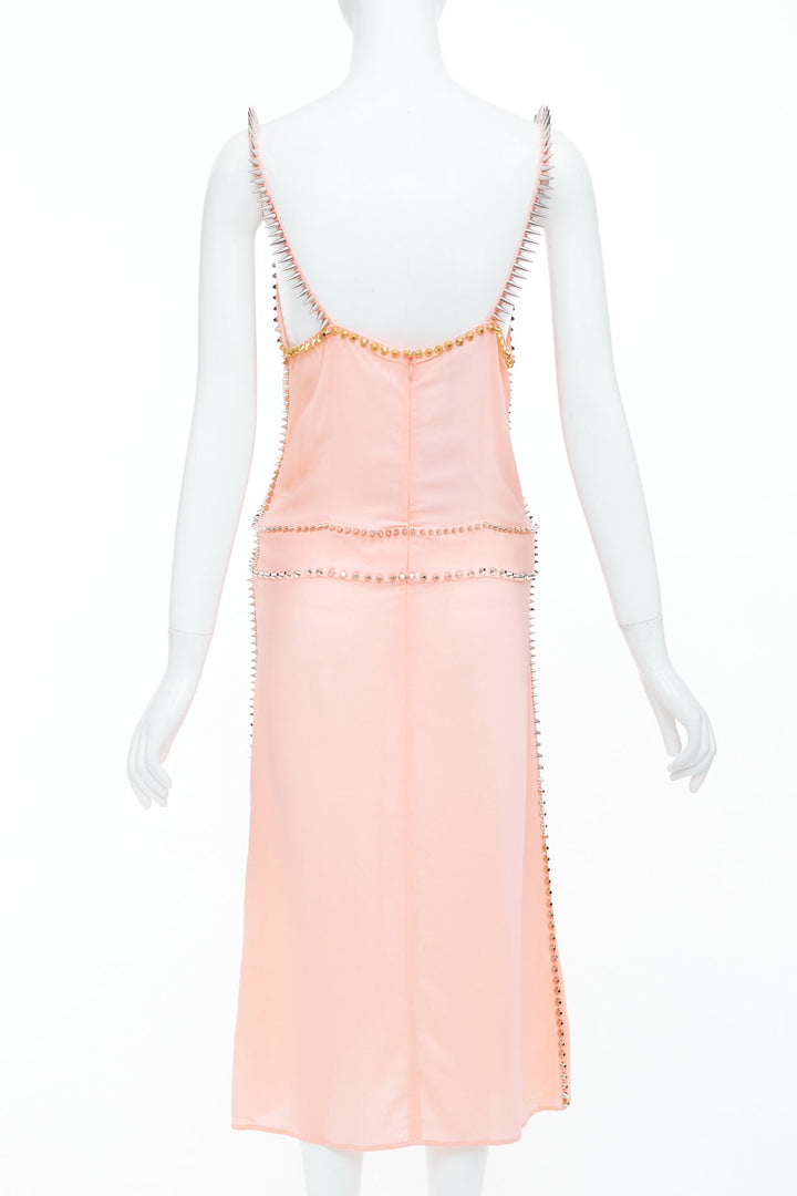 rare MIU MIU 2021 pink punk spike studded embellished plunge neck dress IT36 XXS