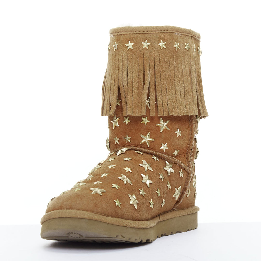 JIMMY CHOO UGG brown suede gold star embellished fringe trim snow boots EU36