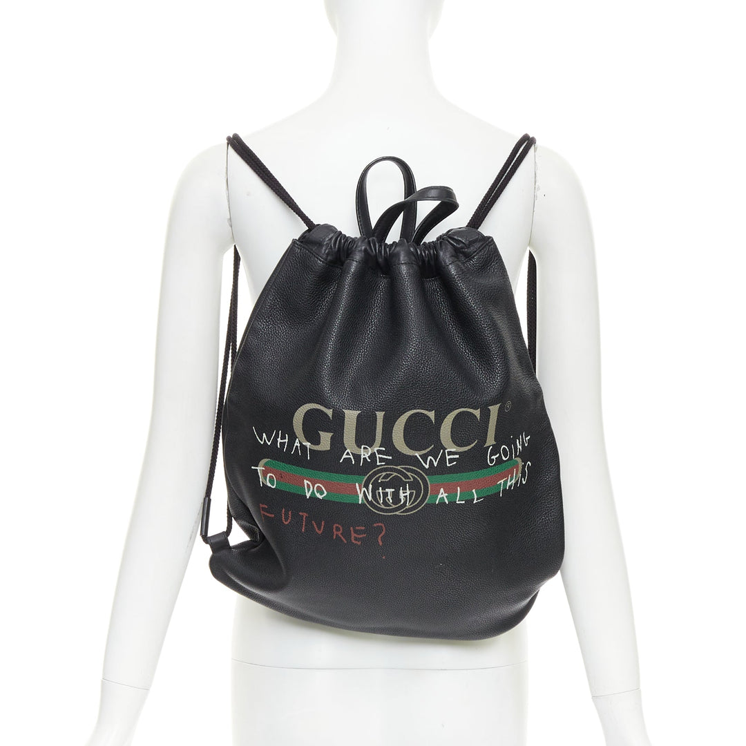 GUCCI 2017 Coco Capitan black leather graffiti drawstring backpack tote bag
