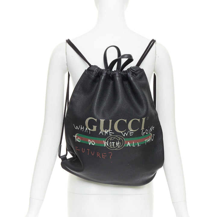 GUCCI 2017 Coco Capitan black leather graffiti drawstring backpack tote bag