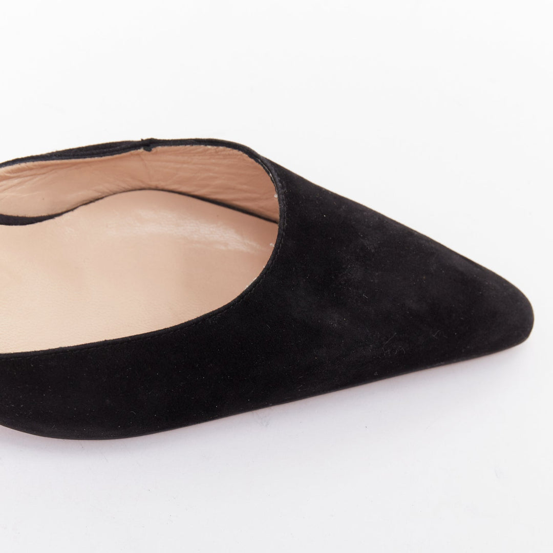 MANOLO BLAHNIK black suede leather pointy kitten spool low mules EU36