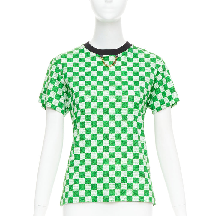 LOUIS VUITTON Damier green white cotton LV print chain detail tshirt XS