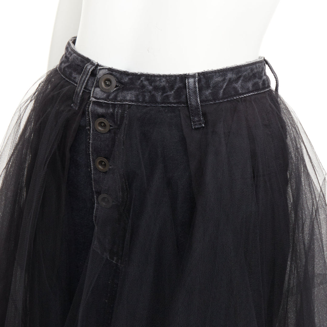 UNRAVEL PROJECT Ben Taverniti black denim tulle layered midi tutu skirt 25"
