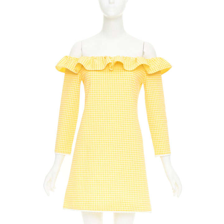 MIU MIU 2019 yellow white gingham check ruffle off shoulder mini dress M