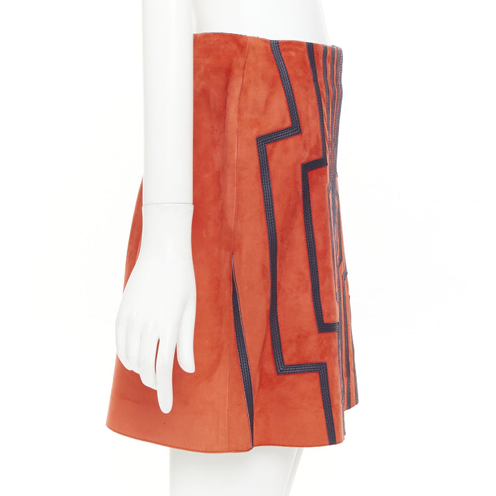 LOEWE 2016 Cyborg orange goat suede navy geometric inset applique skirt FR38 M