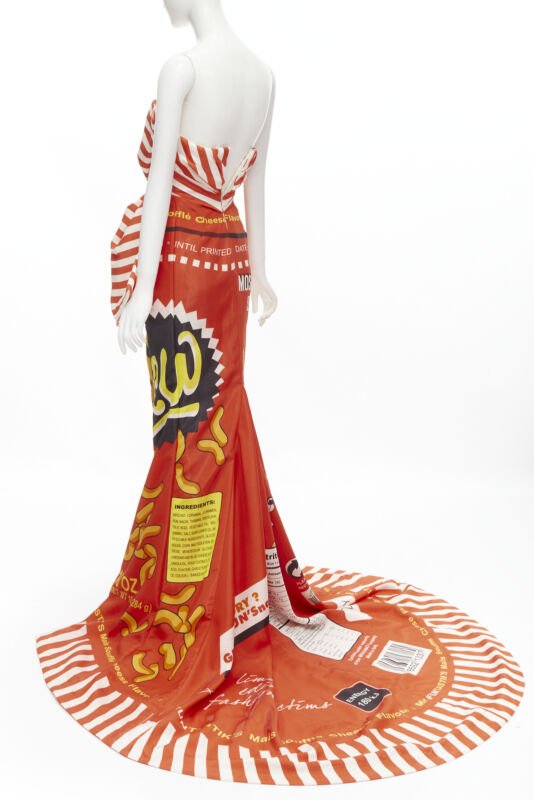 rare MOSCHINO Couture! 2014 Runway orange Cheetos Junk Food bow gown IT38 XS