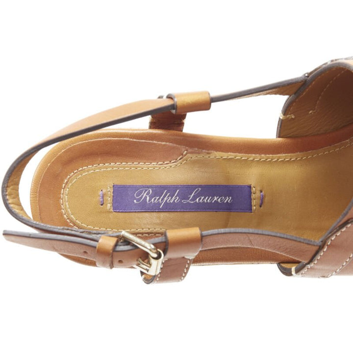 RALPH LAUREN Purple Collection tan brown leather cork wedge platform EU37.5