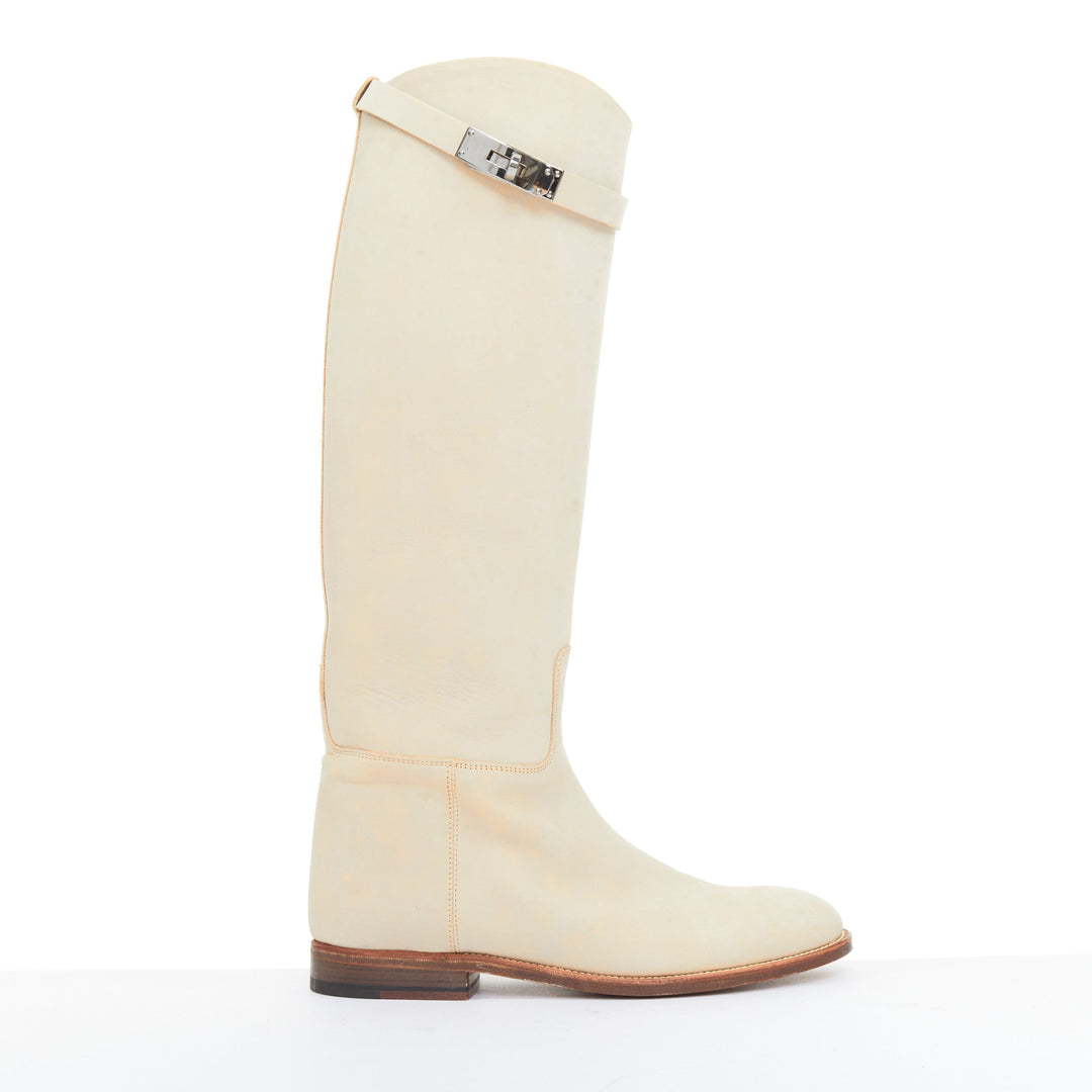 HERMES Jumping Supple light beige suede PHW Kelly buckle riding boots EU37