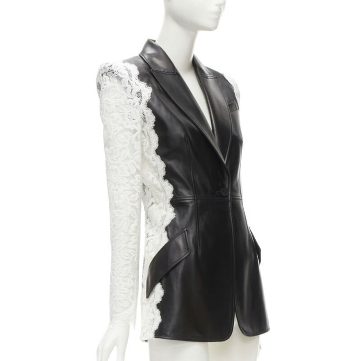 ALEXANDER MCQUEEN 2020 black lamb leather white lace trim blazer jacket IT38 XS