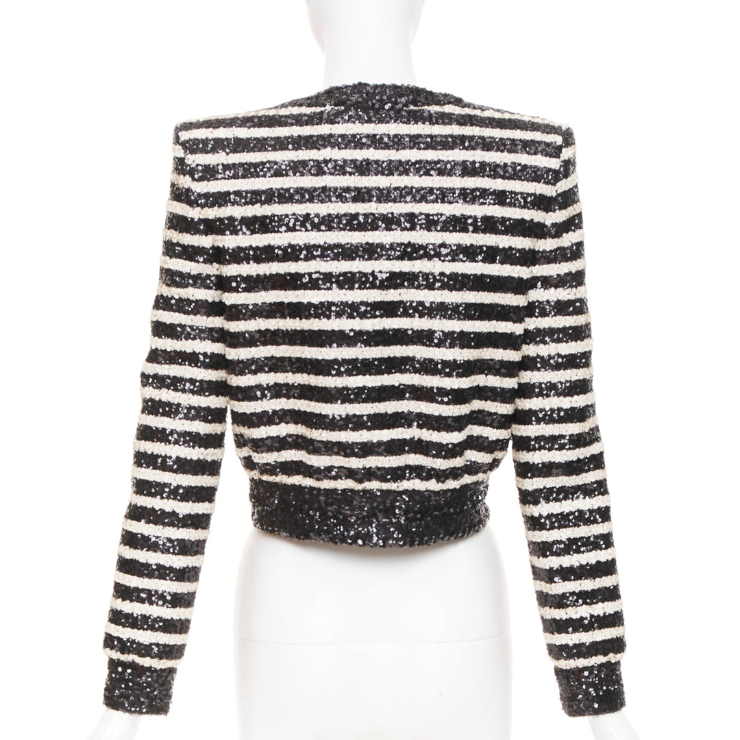 BALMAIN 2024 stripe sequined v neck lion button cropped evening jacket FR34 XS