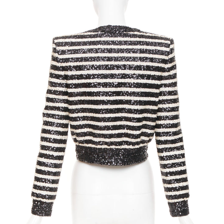 BALMAIN 2024 stripe sequined v neck lion button cropped evening jacket FR34 XS